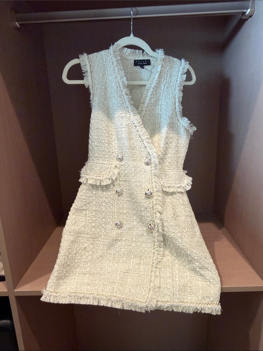 Cream Tweed Sleeveless Button Dress